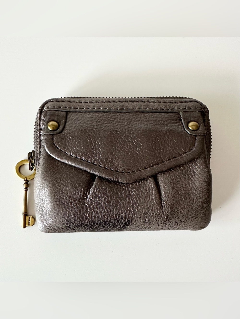 Fossil Metallic Pewter Leather Zip-Around Small Wallet